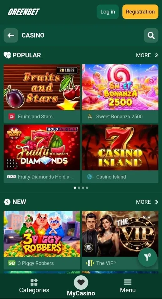 Greenbet casino lobby with slot games on a phone