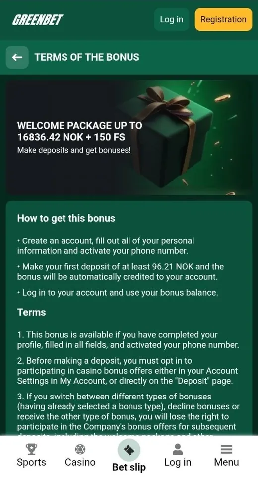 Greenbet bonuses page with sports and casino offers
