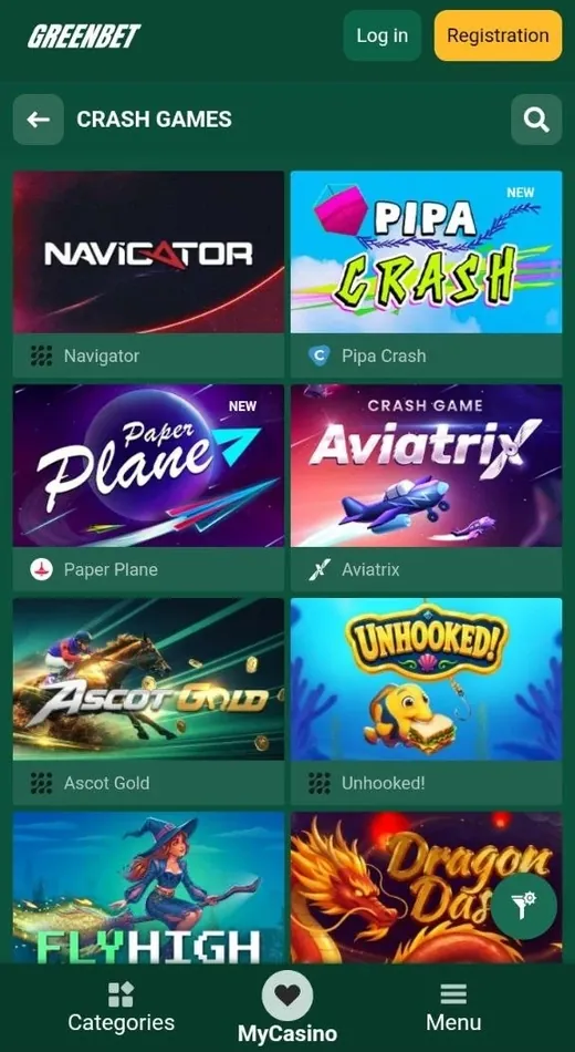 Greenbet Crash games section on a phone