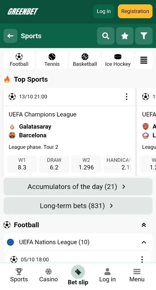 Greenbet live sports betting list with odds on a phone