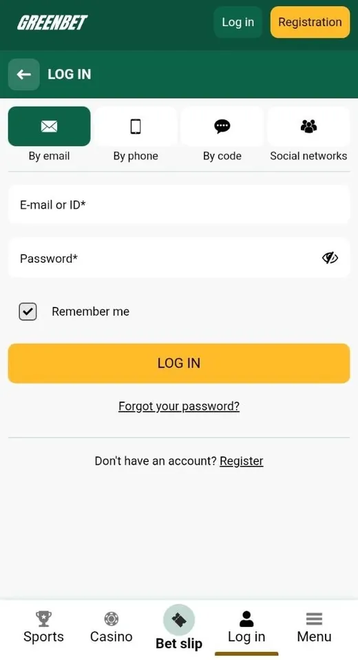 Greenbet By email login form with E-mail or ID field