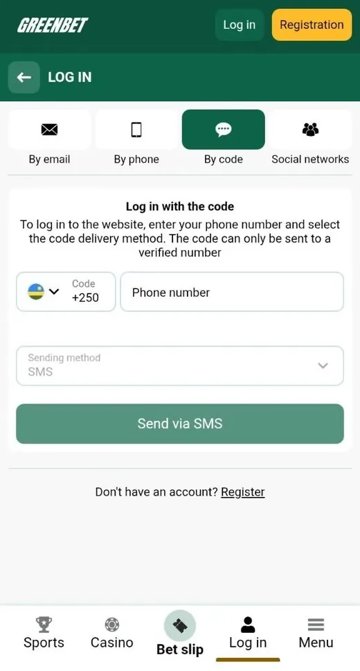 Greenbet By code login tab with Send via SMS button