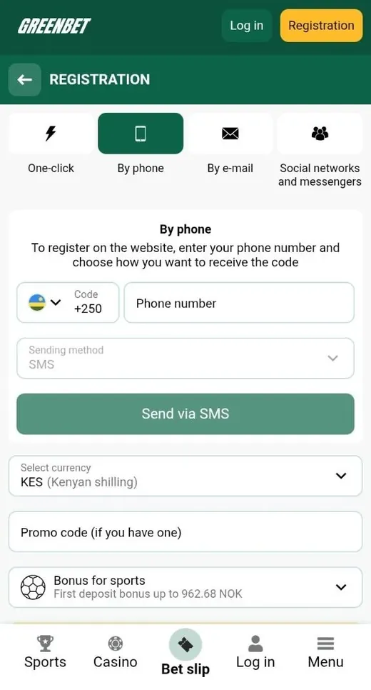 Greenbet By phone registration tab with Kenyan +254 code