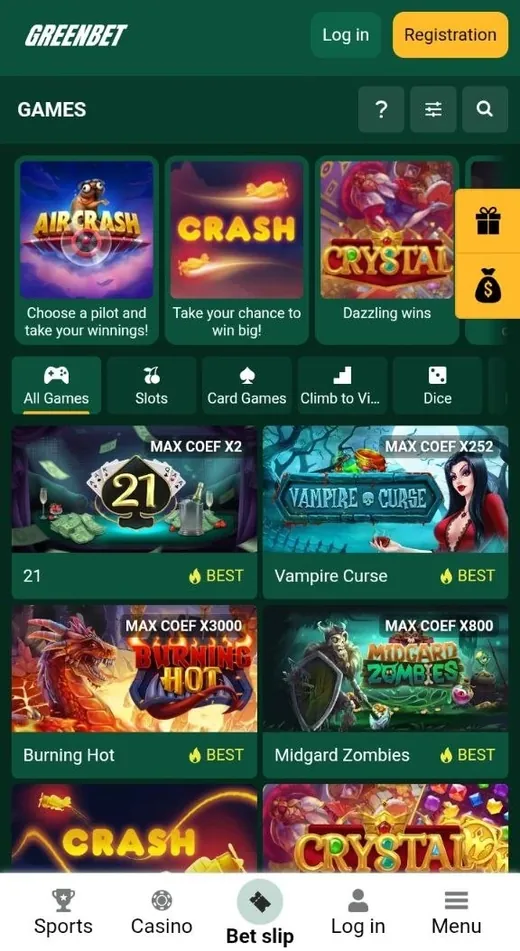 Greenbet slots lobby with Popular and New collections